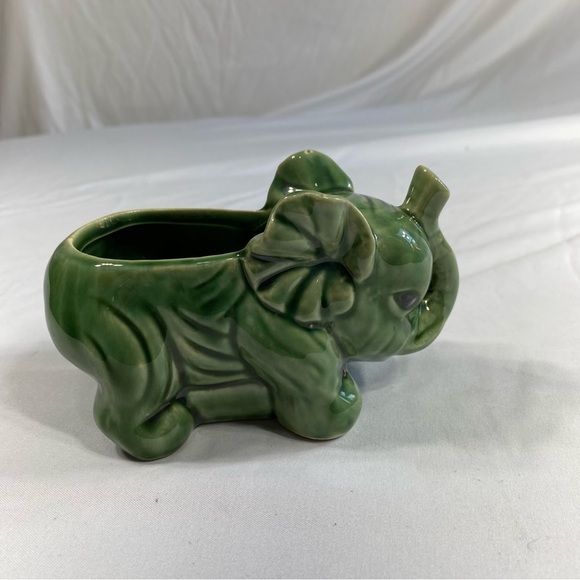 Green Glazed Trunks Up Good Luck Small Elephant Planter - Picture 5 of 7